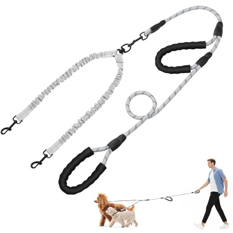 Tivray Double Dog Leash, Dual Dog Leash, 360° Swivel No Tangle Lead for 2 Medium or Large Breeds with Sponge Padded Handles, Heavy Duty Shock Absorbing Bungee for Walking Jogging Hiking, Gray