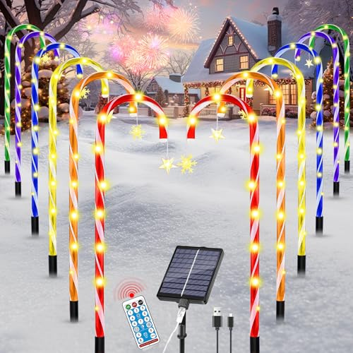 VEEKAY 12 Stück Solar Weihnachtsbeleuchtung Außen, 8 Modi Funkelnde, Solar Zuckerstangen Weihnachtsdeko Aussen mit Fernsteuerung, LED Lutscher Figur Außen, für Weihnachten & Feste, Feierlichkeiten
