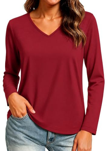 Wayleb Ladies Long Sleeve Tops V Neck Stretch Fit Everyday T Shirt Red