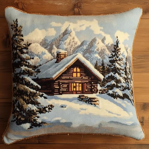 ASONGLINGO Kit Tapis Au Point Noué, Cabane d'hiver Kit de crochet de verrouillage, coussin de avec motif pré-imprimé sur toile faite à la main, Point Noué Coussin 43x43cm