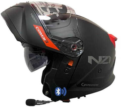 NZI Combi 3 Duo Nouveau Negro Rojo Mate Intercom Sena - Casco de Moto Modular Abatible Bluetooth Integrado con Visor Solar - Unisex Hombre y Mujer - Homologado P/J ECE 22.06 (L)