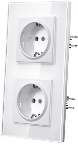MVAVA Enchufe pared Con Garfio,Enchufes Empotrable Estándar,Placa de Cristal,Conexión Rápida con Resortes,Seguridad infantil,2 Enchufes,157mm Blanco
