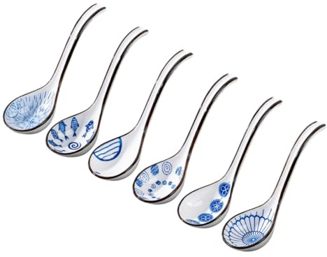 MUELODSIC 6 piezas Cucharas de Sopa Cerámicas Asiático para Sopa Miso Ramen Pho Cucharas Chinas Tradicionales para Servir y Comer Utensilios Duraderos y Decorativos para Mesa