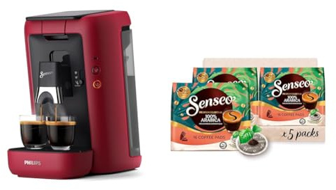 Philips Senseo Maestro Kaffeepadmaschine Bundle mit 80 Kaffeepads, 3 Kaffeespezialitäten, Memo-Funktion, Crema Plus, Intensität Plus, aus recyceltem Plastik, 1,2L, Rot (CSA260/90)