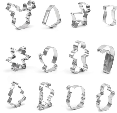 VYNZOR Cortadores de galletas de Navidad, 12 piezas de acero inoxidable, moldes galletas navidad, árbol, copo de nieve, bastón, cara de Papá Noel, estrella, ciervo, campana y más cortadores de