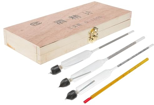 ERINGOGO 4 Pezzi Kit Alcolimetri Professionali con Termometro per Misurazione Precisa di Liquori Resistente in Scatola di Legno per Uso Duraturo e Facile Conservazione