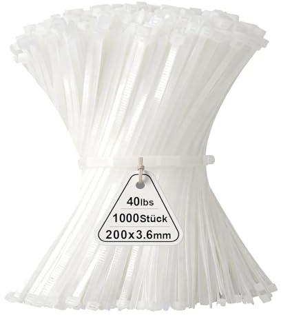 1000 Stück Kabelbinder Weiß, 200mm x 3,6mm Industrie Cable Ties, Mehrzweck UV-Beständig Langlebig Klein Nylon Selbstsicherndes Zip Tie mit 18kg für Gartenarbeit, Hause, Büro, Werkstatt und den Auße