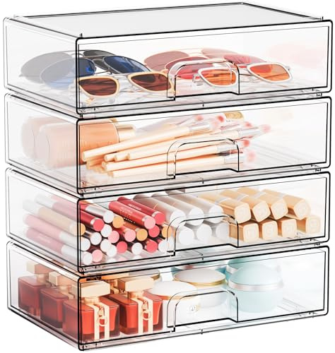 Yieach 12.2''W Clear Stackable Storage Drawers,4 Pack Acrylic Drawers,Bathroom Organizer Bin and Plastic Makeup Organizer,Clear Stacking Brightroom Storage Boxes for Vanity,Cabinet,Pantry Organization