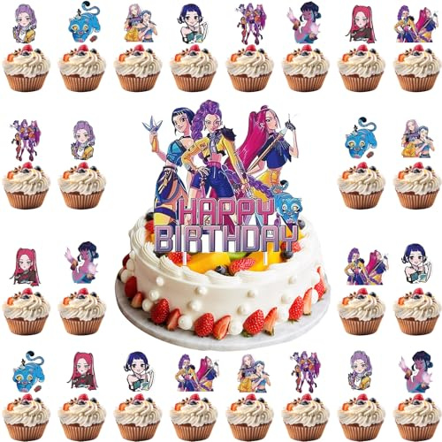 K-pop Demon Hunter Tortendeko 25 Stück Cake Topper Set Extra Farbstabil & Robust, Tortendekoration Paper für Geburtstag Party Deko Cupcake Muffin Kindergeburtstag Fans (1 Groß + 24 Klein)