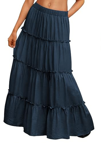 BEWECASU Women Vacation Outfits Long Skirts Boho Maxi Skirt Elastic High Waist Dress with Pockets(Navy,M)