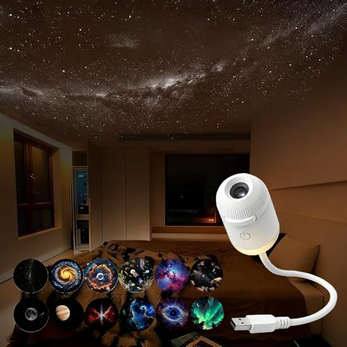Sternenhimmel Projektor, 360° Verstellbarer Sternenlicht Projektor mit 12 Projektionsscheiben, USB LED Galaxy Projektor mit Dimmbarer Nachtlicht, für Auto, Schlafzimmer, Erwachsene und Kinder (12stk)