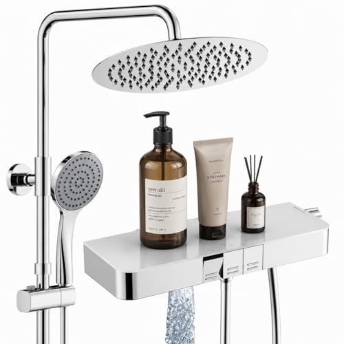 Homelody Duschsystem med termostat och glashylla, duscharmatur komplett set med 30 cm huvuddusch, höjdjusterbar regndusch krom, 3 stråltyper handdusch vattenbesparande, utan ytterligare borrning
