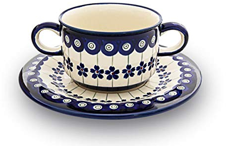 Original Bunzlauer Keramik Suppentasse mit Untertasse (Bouillonschüssel), 0,26 Liter im Dekor 166a