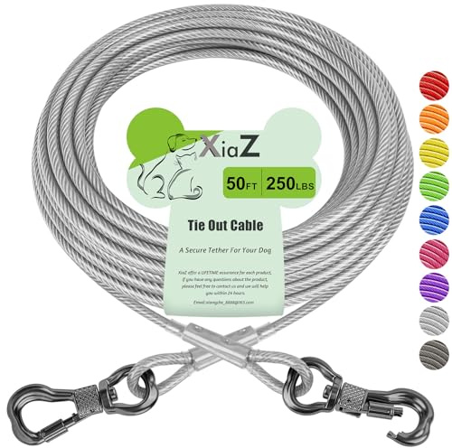 XiaZ Dog Tie Out Cable, Heavy Duty Dog Chains for Outside with Lockable Hook, Pet Runner Cable Leads for Yard, Dogs Line Tether for Small Medium Large Dogs Up to 250 LBS (50FT, Silver)