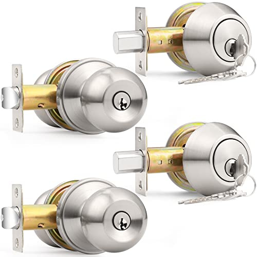 Probrico Brushed Nickel Entry Door Knob and Double Cylinder Deadbolt Combo Pack, Keyed on Both Sides, Front Door and Exterior Gate Lockset Hardware, Pack of 2