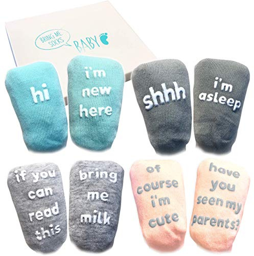 Baby Socks Gift Set - Unique Baby Shower or Newborn Gift - 4 Pairs of Cute Quotes in Gift Box, Various, 0 - 12 months