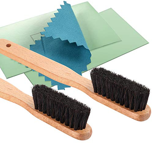 YoungJoy 4 Pcs Horsehair Silver Detailing Brush Set Cleaning Brushes Silver Care Kit with Silver Polishing Cloth (Set B)