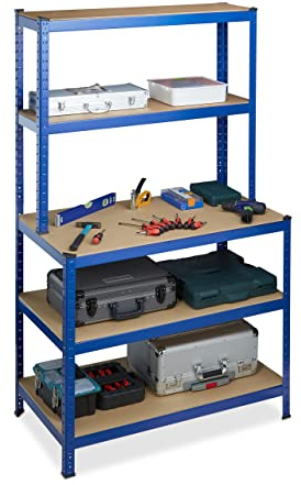 relaxdays Scaffale in Metallo, Banco da Lavoro, Capacità fino a 900 kg, 5 Ripiani, Incastro 180x100x60, Acciaio,MDF, blu