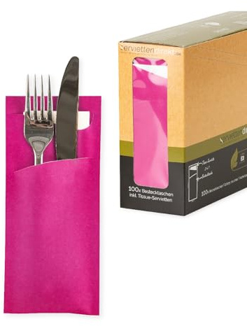PG PrimeGuest SUPPLY Bestecktasche Serviettentaschen 85x190mm mit Serviette in Weiß Bestecktaschen ideal für Gastronomie und Feiern 100 Stück | (Pink)