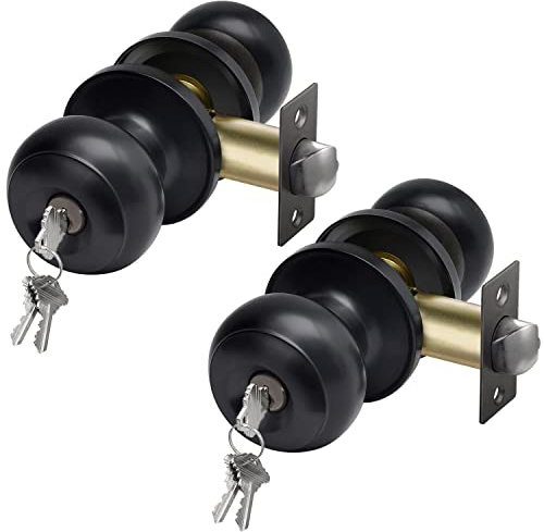 CML Hardware Entry Door Knob with Lock and Key, Keyed Different, Exterior Door Lock Sets for Front/Back Door, Round Ball Handle, Matte Black, 2 Pack