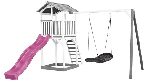 AXI Beach Tower Spielturm aus Holz in Weiß & Grau | Spielhaus für Kinder mit lila Rutsche, Nestschaukel und Sandkasten | Stelzenhaus für den Garten