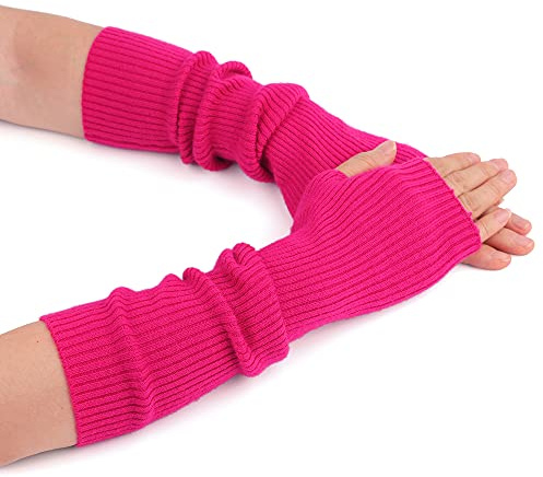F Flammi Cashmere Blend Arm Warmer Fingerless Gloves Knited Long Sleeve Mitten Gloves Wrist Warmer with Thumb Hole for Women, Hot Pink (42cm), Medium