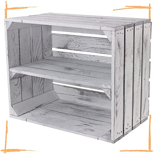 Vintage Holzkisten im Obstkisten Apfelkisten Style Deko mit Weinkisten Geflammt / Weiß / Natur / Schwarz / Grau 50x40x30cm Schublade Regal Boden Schuhregal Zwischenboden (Grau mit Mittelboden)