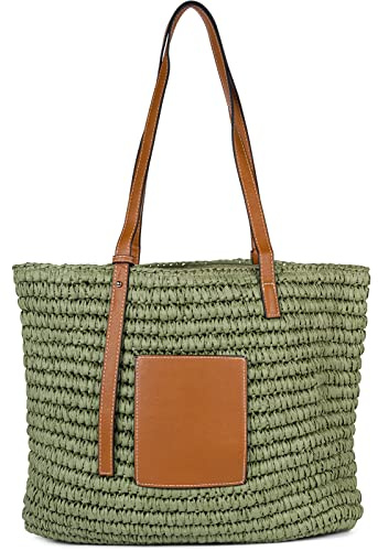 styleBREAKER Damen Schultertasche Bast Geflochten | 43x34x4 cm Maß, 65 cm lange Kunstleder-Träger, sicherer Zipper am Hauptfach, extra Innenfach für Wertsachen, Papierstroh.