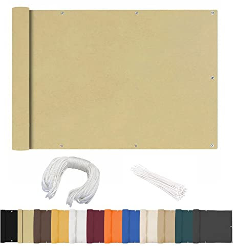 Balkonverkleidung, 80x1050cm, Windschutz Sichtblende, Blickdichte Wind- und UV-Schutz Wetterfest, mit Ösen und Kabelbinder, für Gartenzaun & Balkongeländer - Beige