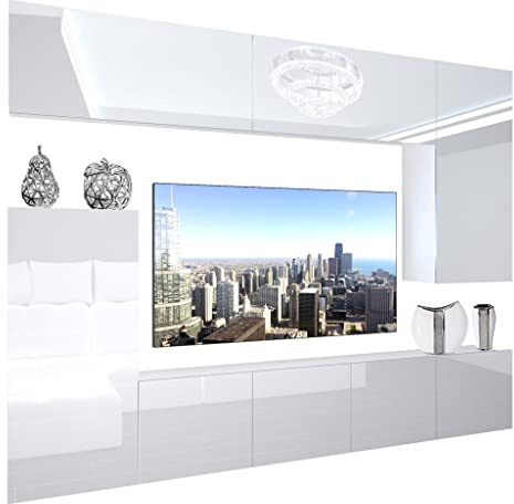 BELINI Wohnwand Schrankwand NEX 8 mit LED-Beleuchtung, Weiß | Vollausstattung Wohnzimmer-Set Moderne Schrankwand Anbauwand TV-Schrank