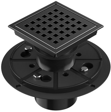 EXF Square Shower Drain 4-3/8 Inch Matte Black, Stainless Steel Shower Floor Drain Kit with ABS Flange, Removable Cover Grid Grate, Hair Strainer
