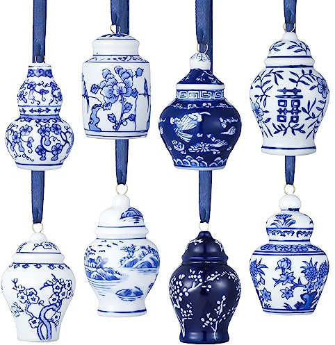 BBTO Mini-Chinoiserie Porzellan-Hängedekorationen, Blau und Weiß, Keramik-Baum-Anhänger, Ornamente, Geburtstagsparty, Babyparty, Hochzeit, Heimdekoration (klassischer Stil), 8 Stück