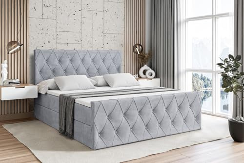 ALTDECOR Boxbett mit H3-Matratze Fußteil Amay - 200x200 - Grau | Lattenrost, Topper, Boxspringbett mit Bettkasten, Bett mit Stauraum, Doppelbett, Polsterbett