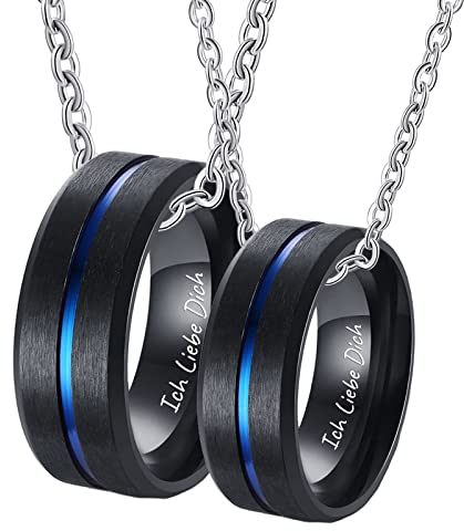 KnSam Partner Kette Ihn und Ihn in Edelstahl, 8MM Ring Anhänger Gebürstet mit Rille Gravur Ich Liebe Dich Paar Ketten für Sie und Ihn Preis für 2, Schwarz Blau, Damen 54 Herren 62, 60cm & 50CM Länge