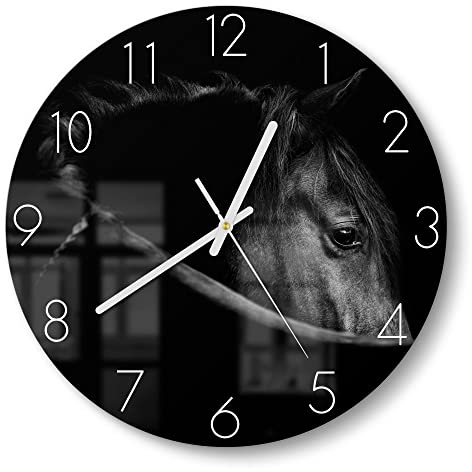 DEQORI Glasuhr | rund Ø 30 cm | Motiv Schönes Pferd im Profil | ausgefallene leise Design Uhr aus Glas | Wanduhr für Wohnzimmer & Küche | Moderne Hingucker Uhr für die Wand