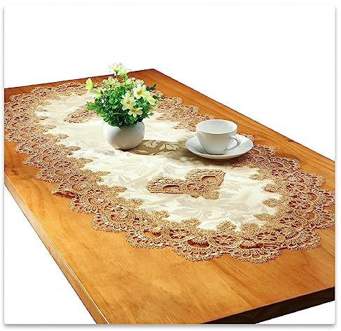 Spitze Oval Tischläufer Gestickte Tischdecke Spitze Deckchen Deckchen Oval Decke Handtuch Für Wohnzimmer Schrank Couchtisch, 40x90cm, Gold