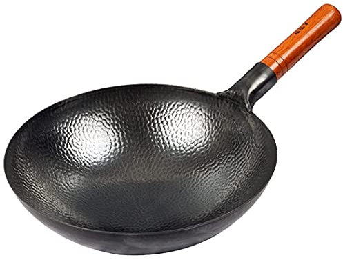 Wok De Acero Al Carbono, Pow Wok De Acero Al Carbono Martillado A Mano Tradicional Chino Profesional Con Mango De Olmo De Primera Calidad, Sartén Antiadherente Sin Recubrimiento,38