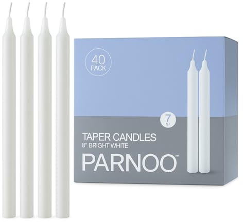 PARNOO 8 White Tapered Candles, 40 Pcs – 7-Hour Long Burn Time, Dripless & No Soot, Unscented Taper - Hand-Dipped Tall Candles for Weddings, Dinners, Parties, & Special Occasions