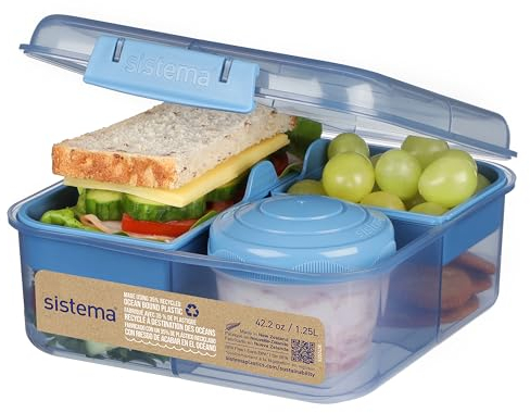 Sistema Ocean Bound Kunststoff-Bento-Box, Würfel, 1,25 l, quadratische Lunchbox mit Joghurt-/Obst-Topf, BPA-frei, aus recyceltem Kunststoff, Blaugrün oder Blau (Farbe nicht wählbar) | 1 Stück