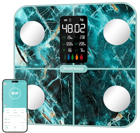 Bilancia per il grasso corporeo, bilancia per persone con grasso corporeo e massa muscolare, 15 dati del corpo con analisi del grasso corporeo, bilancia intelligente con app, ampio display, verde