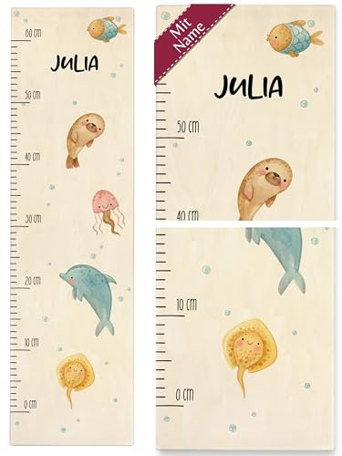 Messlatte Kind Holz - Tiere - Wassertiere Kindermesslatte Rochen I Delfin I Qualle I Seelöwe I Fisch mit Name Meerestiere - 0-60 cm - Holz - kinder 160 tier fische meßlatte fischen größe