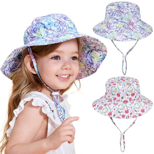 TYXHXTF 2 Pcs Baby Sonnenhut, Fischerhut mit Breiter Krempe, Sonnenschutz Sommerhut, Kinder Eimerhut, Strandhut Sommer, mit Verstellbarem Kinnriemen, für Mädchen, Jungen