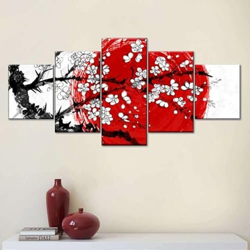 MOCHAMIK Cuadros Decoracion Salon Modernos 5 Piezas Japón Flor de Cerezo Lienzo Cuadros Hogar Decor Para Cocina Para Dormitorios Para Comedor Baño Cuadros Con Marco