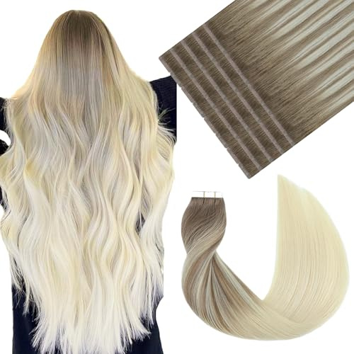 VINBAO Mikro Tape Extensions Echthaar Blond Balayage 8 Aschbraun bis 60 Platinblond Remy Invisible Tape Extensions Natürliche Skin Weft 45cm 20 Stück 50G Tape in 18 Zoll #8T60