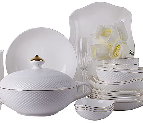 KXQYIKYI Bone China-Geschirr-Set, feines Porzellan, rundes Tafelservice, weißes Kombi-Set mit Müsli-Nudel-Schüssel, Dessert-Suppe, Fischtellern, Geschirr mit Goldrand