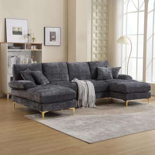 Soweiz Divano sezionale moderno grande in ciniglia a forma di U con doppi sedili reclinabili per soggiorno camera da letto ufficio appartamento villa soggiorno casa accanto al camino, 272 x 136 x 88