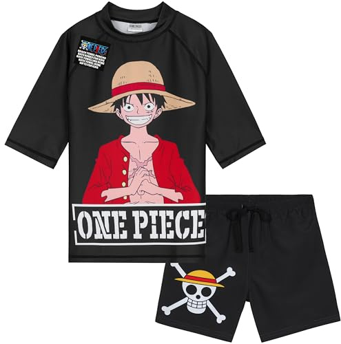 Get Trend One Piece Conjunto de Bañador Niño Bañador Natacion Adolescente Set de Baño 2 Piezas con Camiseta y Pantalones Cortos (9-10 Años, Negro One Piece)