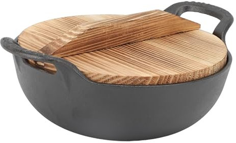 KRODEAIR Wok en Fonte avec poignée pour Une Cuisine Asiatique Authentique, Couvercle en Bois, Base Plate pour Une Cuisson Facile de la Nourriture Chinoise Asiatique Authentique