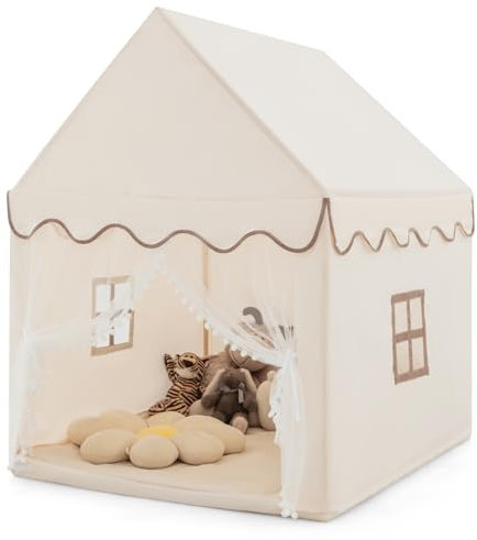 HOMASIS Kinderzelt für Indoor, Kinderspielhaus mit Matte & Fenstern & Holzrahmen & Vorhang, Kinder Spielzelt Prinzessin für Mädchen & Jungen, Bettzelt Tipi Zelt 105x120x140 cm (Modell 2-Beige)