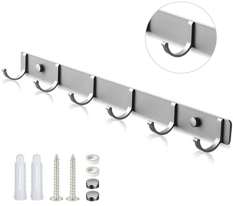 Door Coat Rack Wall Mounted Grey Wall Coat Rack with 6 Strong Coat Hooks Wall Mounted Coat Rack Hallway Organiser, Stainless Steels Veneer for Bedroom & Bathroom & Kitchen for Coats, Scarves, Bags